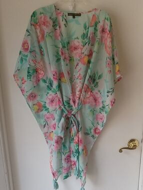 Floral Tie-Front Kimono Cover-Up in Mint and Pink